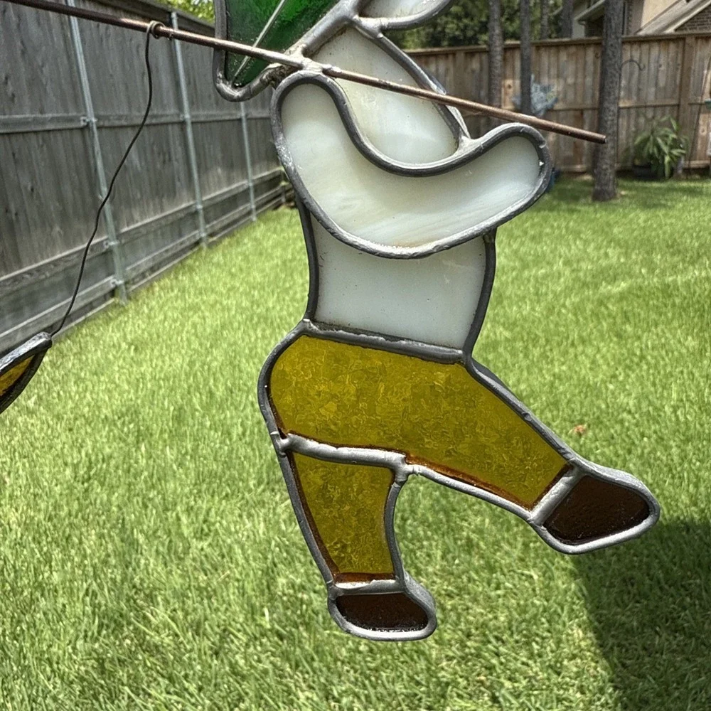 Vintage Stained Glass Suncatcher Window Decor Boy Man Going Fishing w Pole